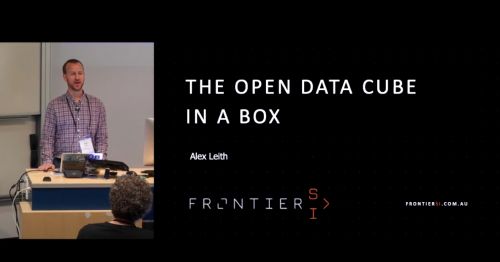 Screenshot of title of presentation showing male presenter and title: the open data cube in a box