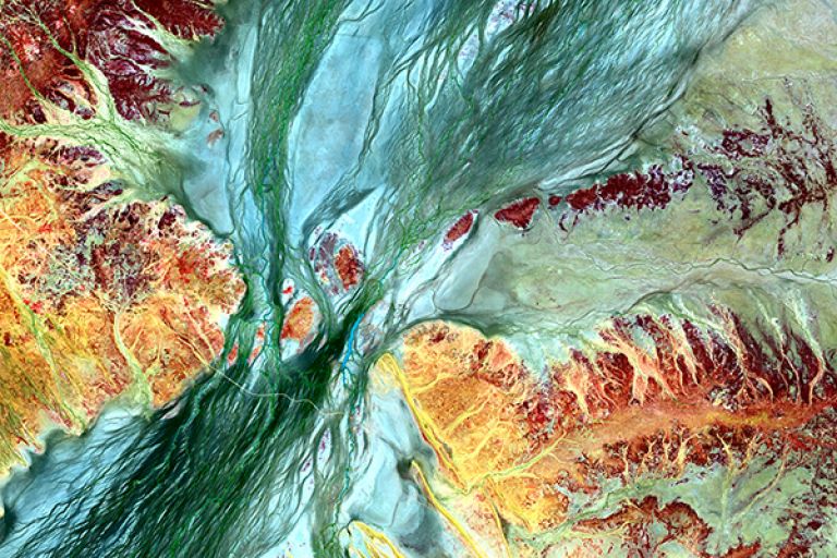 Abstract image of water in landscape as captured by satellite