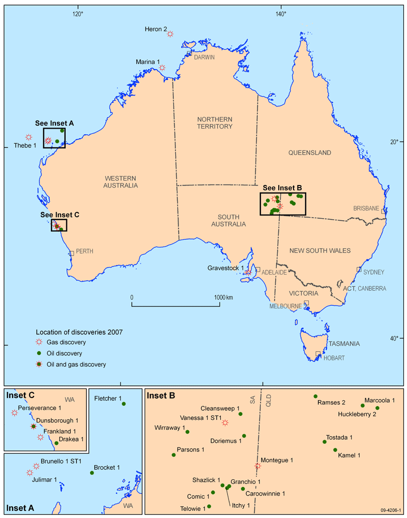 Discoveries Figure 1 Locations of Discoveries of Oil and Gas in and around Australia 2007